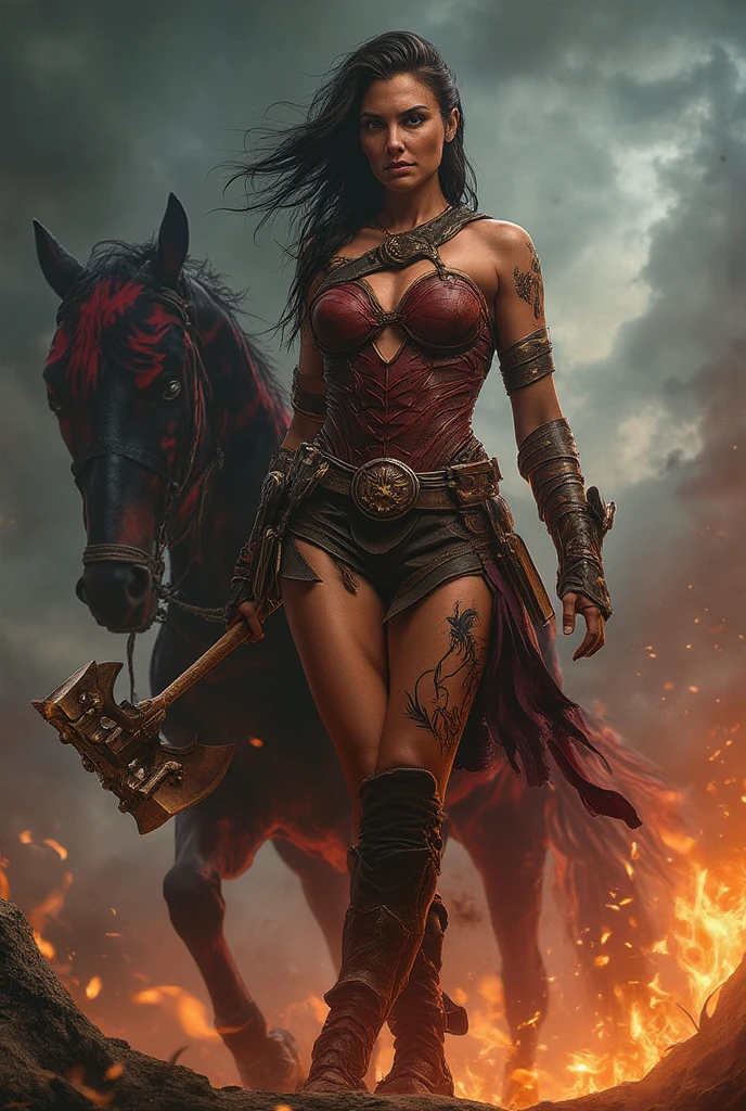sensual rider woman on her horse, with a flaming sword