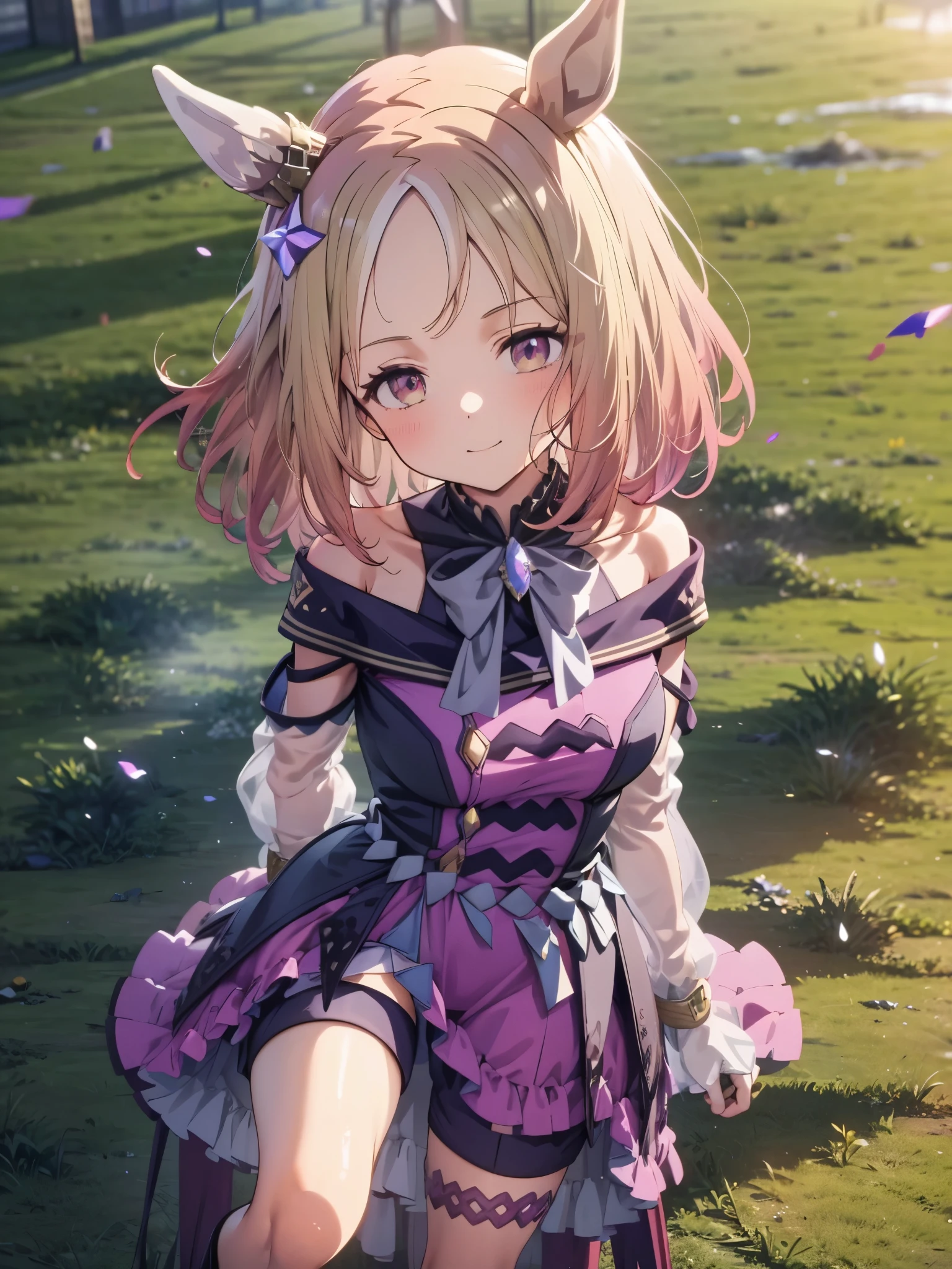 Narita Top Road \(Uma Musume\), 1 girl, Alone, anime style,cute girl,Best Quality, super detailed, anime style,8k, high resolution, detailed face, ((Upgraded images of characters)),((Opening his eyes and smiling)),(Competition clothes),(Morning sunlight),((On the racecourse lawn)),((He is lying on his back on the lawn)),(( standing on one knee)),Image viewed from above,smooth thighs,Character up images
