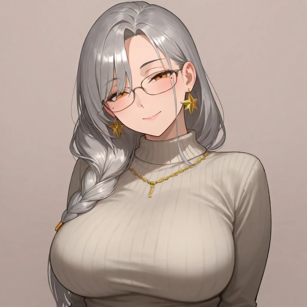 ((solo)), upper body, mature female, curvy beauty, ((grayhair with silver hair ends)), braid hair, long hair, straight hair, glasses, orange eyes, half closed eyes, mole under eye, large breasts, polo sweater shirt, star earring, smile like a goddess, head tilt, looking at viewer, amazing masterpiece, top quality, high fashion, absurdres extremely, HDR, intricate details, vivid colors
