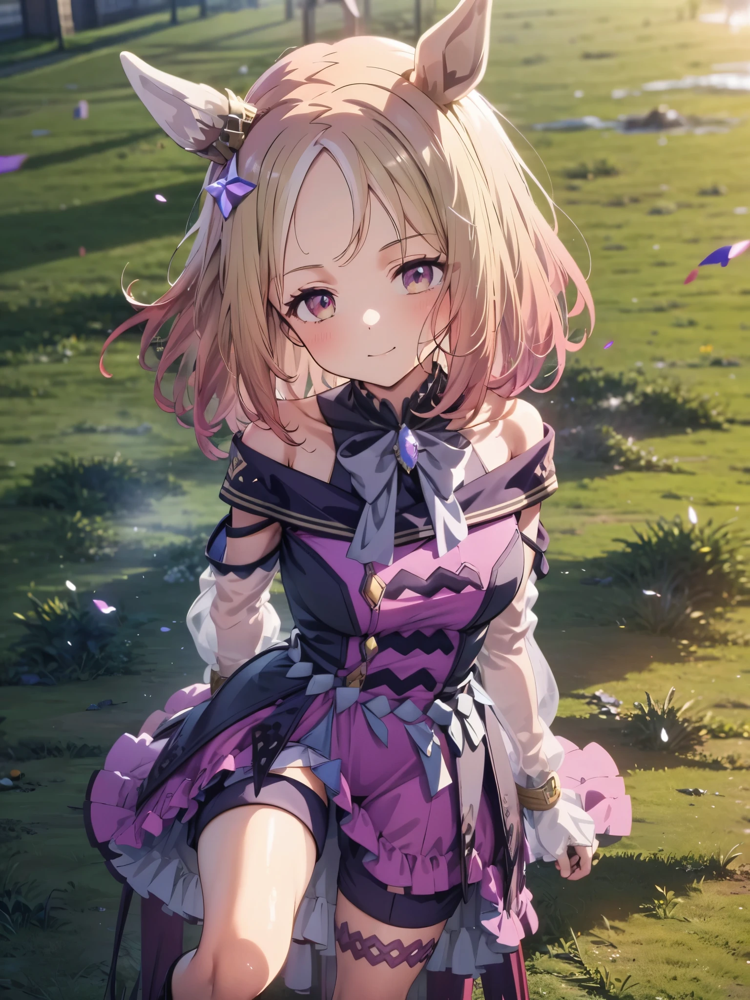 Narita Top Road \(Uma Musume\), 1 girl, Alone, anime style,cute girl,Best Quality, super detailed, anime style,8k, high resolution, detailed face, ((Upgraded images of characters)),((Opening his eyes and smiling)),(Competition clothes),(Morning sunlight),((On the racecourse lawn)),((He is lying on his back on the lawn)),(( standing on one knee)),Image viewed from above,smooth thighs,Character up images