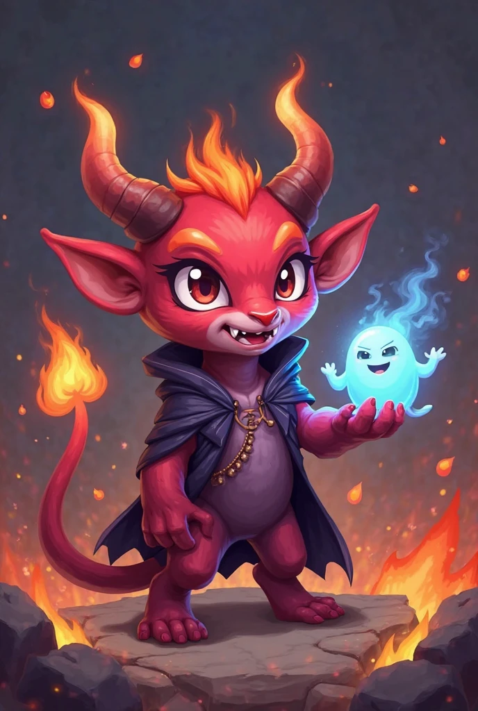 Create a vibrant cartoon-style portrait of a dazzling female demon, featuring strikingly vivid colors. Her eyes glow with a mischievous glint, and her hair flows like liquid fire. Horns elegantly curve from her forehead, framing her face. She wears a smirk that hints at both charm and danger. The background is a playful yet sinister realm, enhancing her allure and fiery persona, <lora:herowars:0.85>