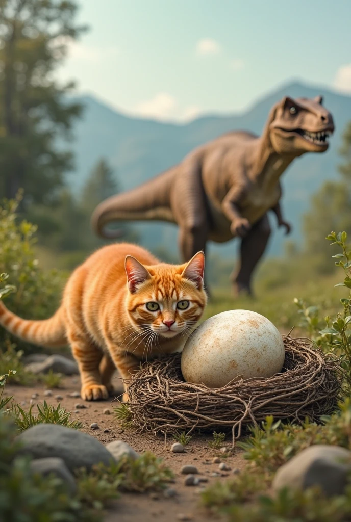An overweight orange cat with a playful and mischievous expression is walking on all fours, sneaking towards a nest containing a large dinosaur egg. The cat's body language is cautious yet curious, as it tries to steal the egg without being noticed. In the background, a Tyrannosaurus rex is standing with its back turned, unaware of the cat's stealthy approach. The setting is a prehistoric landscape with lush greenery and distant mountains, adding to the whimsical and adventurous atmosphere of the scene.
