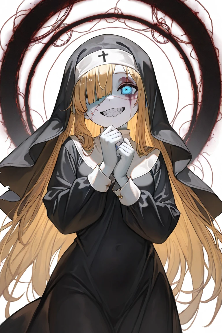 masterpiece, best quality, newest, absurdres, petrification, grey hair, grey sclera, grey eyes, grey skin, no pupils, 1girl, solo, sister claire, nun, black habit, black dress, long dress, long sleeves, tube dress, white gloves, cowboy shot, standing, dynamic, looking at viewer, scared, screaming, indoors, church