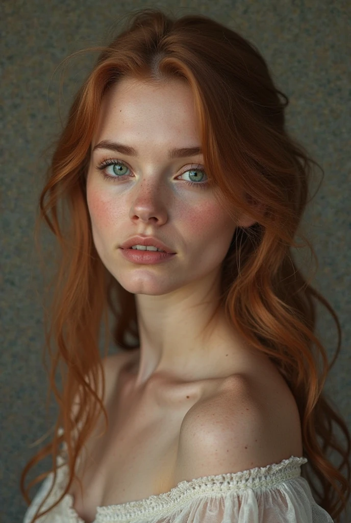 ROUGH, analog style, stunning portrait, (( 17 years old beautiful woman)), (naked), expressive facial features. She's looking straight at the camera. She should have long redhead hair , dark blue eyes, a captivating look and an alluring facial expression that allows a woman to be the center of the image. Please pay close attention to details such as highlights and shadows on her face and hair to create a realistic image. Looking directly into the camera, the final product should be a masterpiece that conveys the essence and beauty of a woman, ((highly detailed skin, skin details)), clear focus, volumetric fog, 8k UHD, SLR camera, high quality, film grain, Fujifilm XT3