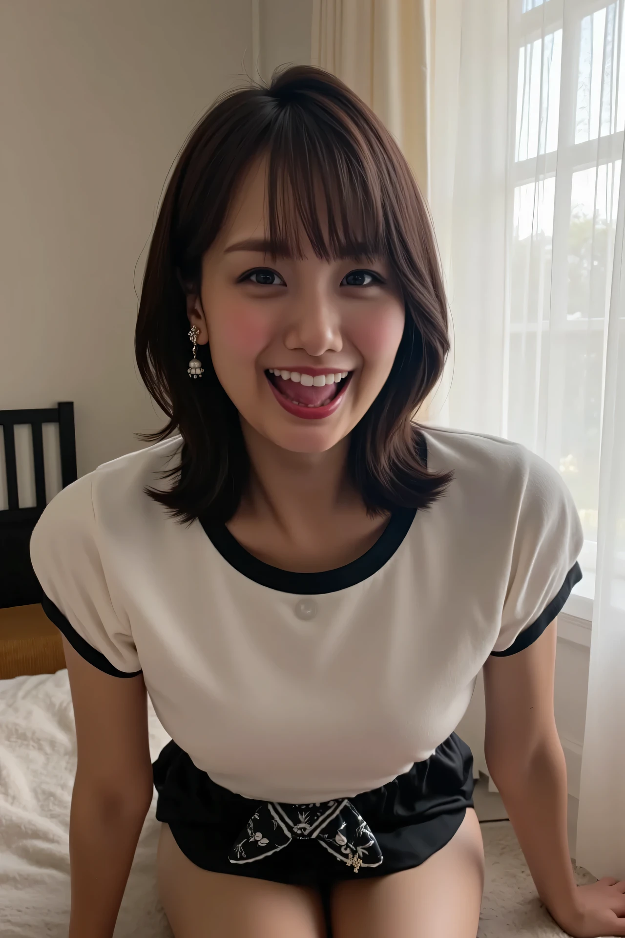 ((( High Resolution , top quality, very well detailed, masterpiece , highly detailed photos , realistic , Real people , Ultra precise skin ))) , , ( from the front ) , full body , Advance Shot , Viewer , ( giggle face ) , { wearing the sleeveless T-shirt and mini-skirt : 1.8 } , black hair , medium hair , medium breasts , { focus on the pubic area between the legs : 1.8 } , the dark hours of dawn , (( tuck hair behind the ear : 1.8)) , { nsfw , open legs ,squatting } , On the bed , (cool face , open mouth wide . stick out the tongue)