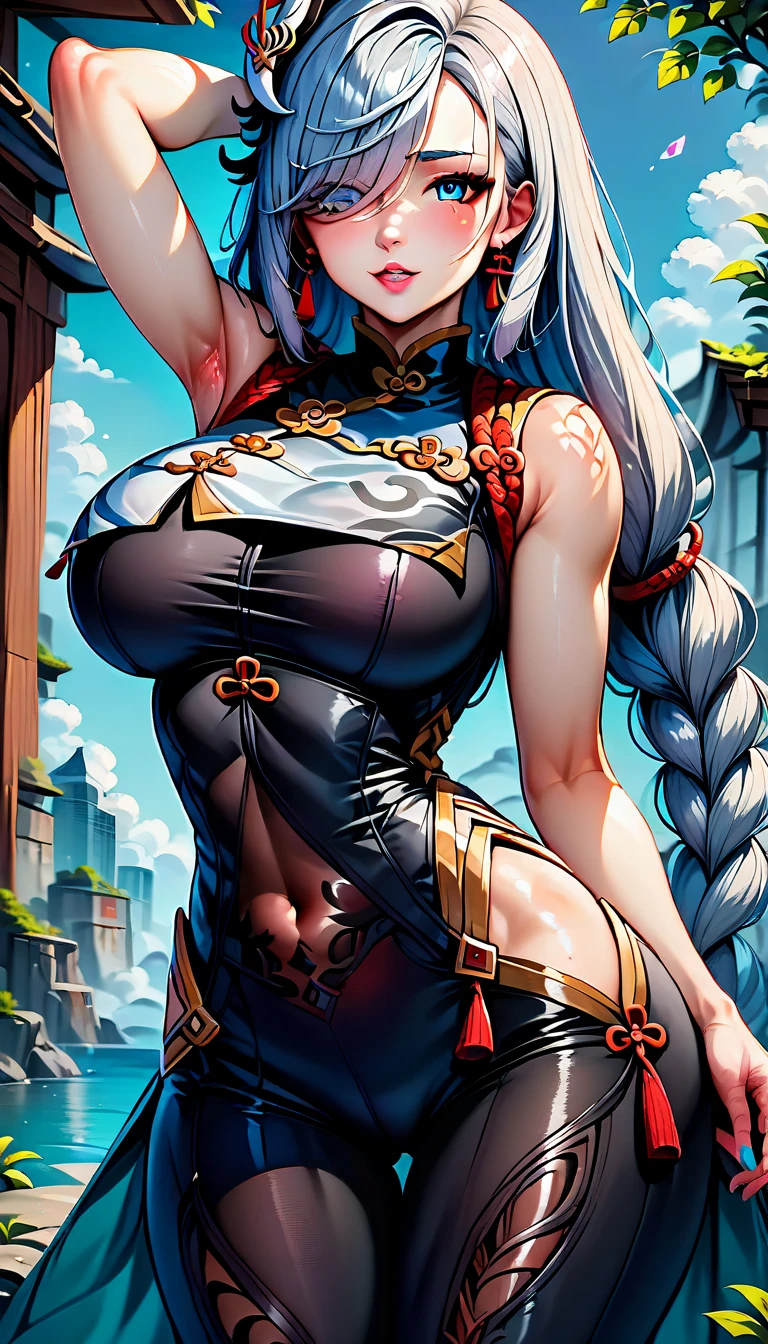 text, Highest quality, masterpiece, 4K, Absurd resolution, Ultra-high resolution, 8k, Actual:1.37, Realistic:1.37, Bright colors, Bokeh, Vibrant color palette, Great studio lighting, Very detailed, Detailed eyes, Detailed skin, Detailed Hair, Detailed face, Detailed fabric, BREAK, Yamato(one piece), sexy Pose, Perfect body, Fine and beautiful eyes, Beautiful Lips, 非常にDetailed face, Long eyelashes, sexy, horn(Wrapping , Red , multicolor), large breasts , Cleavage, Slim waist, curvy, Confused expression, torn old clothes, Hands in chains, Very detailed, Bright colors, ,The clothes are see-through