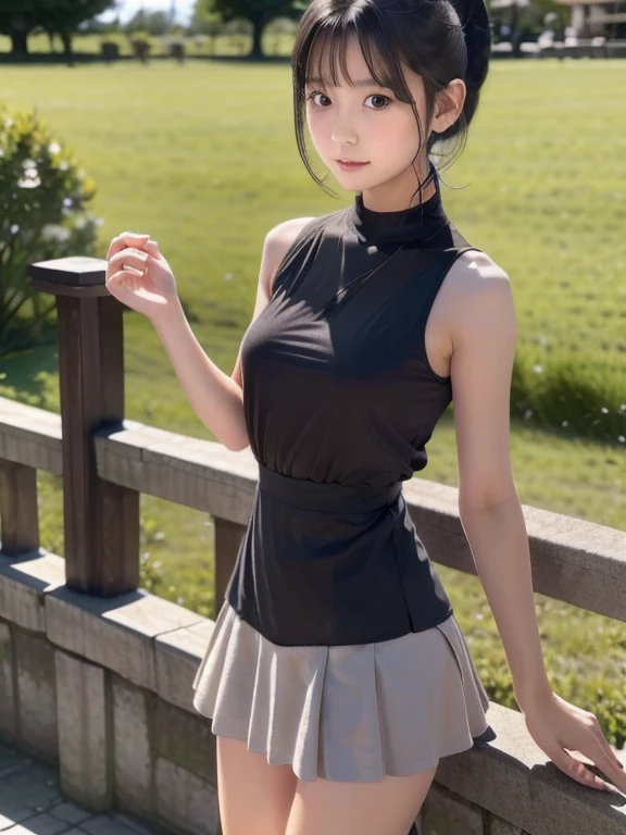 (best quality, masterpiece, ultra high resolution), (8k wallpaper, high-definition, HDR, RAW, Cinematic lighting), (hyperrealistic), (authenticity: 1.4), (full body shot), 1girl, ((18 year old girl)), ((Short black hair)), ((Pretty Japanese Girl)), ((Pretty face)), ((Tight clothes)), ((Brown Eyes)), ((Pale skin)), amazing slim body, thick legs, thick thighs, big ass, wide hips, flat tummy, ((perfect hands)), ((Standing)), ((Sexy Maid dress)), ((Lifting skirt)), ((showing panties)), (((cameltoe))), ((view at viewer)), ((Subtle smile)), (((On a Tradional Backyard))), natural illumination, sunny illumination, contrast