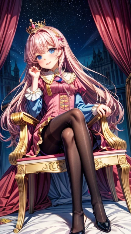 sitting in a stylish chair　a beauty girl，Uniform Ribbon，Cute Blazer，Laughter，girl，length，anime a girl，Highest quality，Huge ，Pink Hair，masterpiece，Great style，length，Sexy and cute，Ultra-high resolution，beautiful a girl，Lovely girl，loose socks，Perfect beautiful girl，HD quality，８Ｋ，