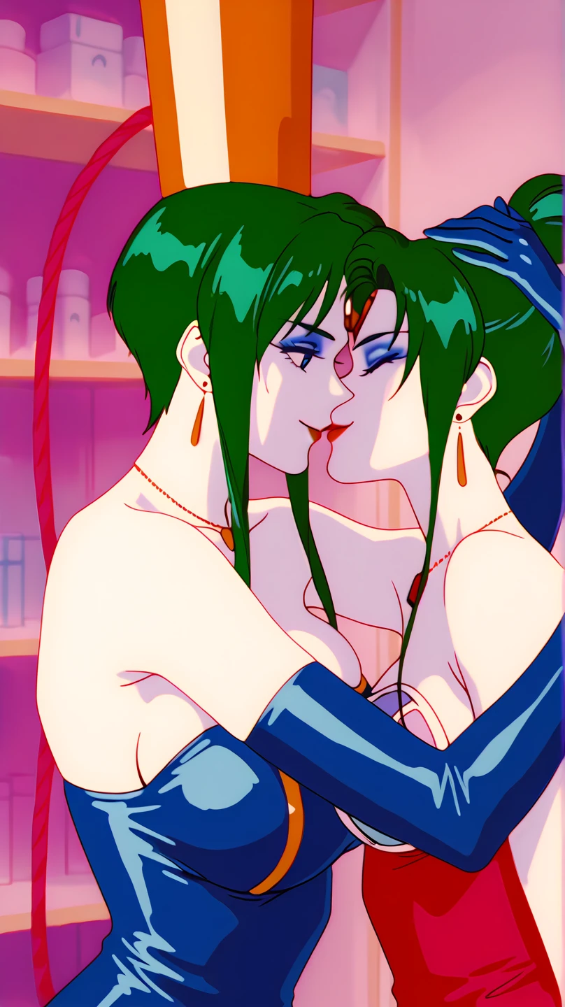 Maki Sento、、、huge-breasted、Big ass、Dark green hair,NSFW, 2girls, multiple girls, multiple clones, twins, twice, cloned, clones, kiss, kissing