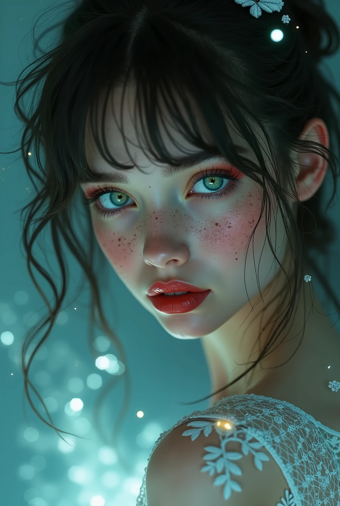 ((RAW Photo), Absurds, (Absurd Resolution)), (Masterpiece, Best Quality), ((Hyperrealism, Photorealistic)), (AI Fantasy), (beautiful girl, beautiful, radiant), freckled, (green eyes), (fantasy girl, sordid creation, from a fantastic world), (red lips), sexy pose, (dressed with magic, only flashes of light covering her perfect body), (posing in a fantastic, futuristic room, designed by AI), ((she looks tenderly attentively at the viewer)). (Photographic Perspective)). «SunPuma S»
