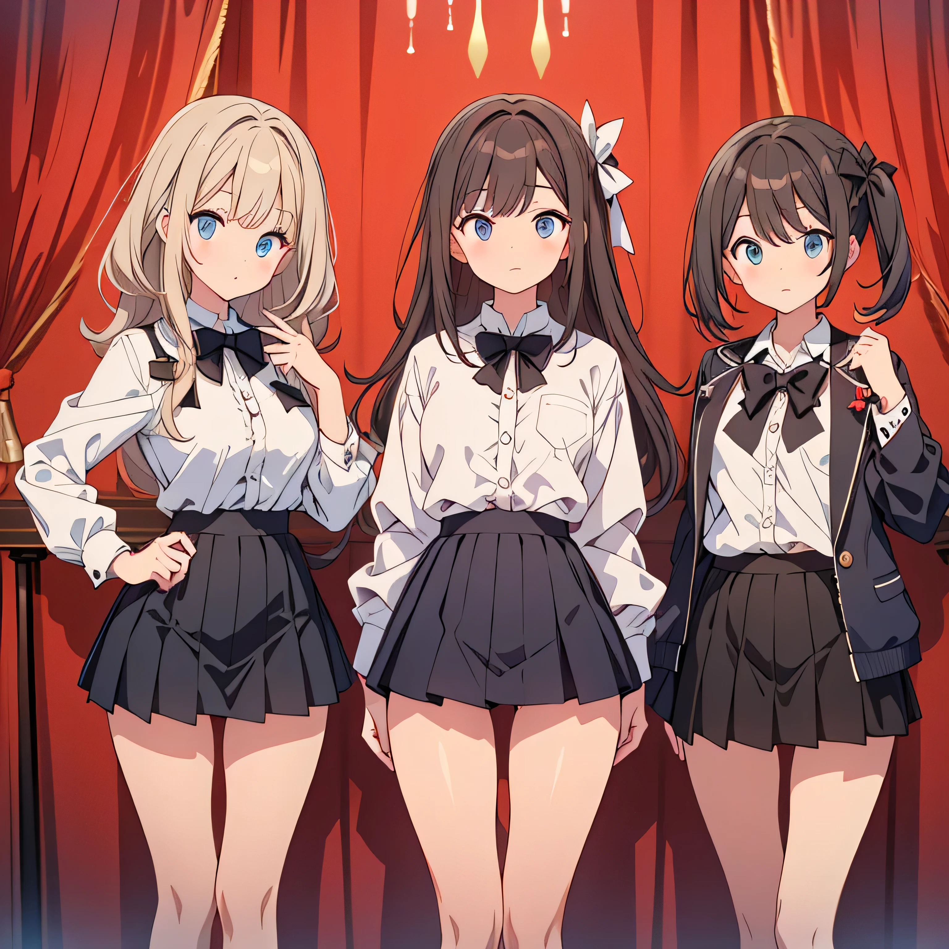 ((Biologically correct number of limbs))、(( Full body photo including face))、4K、((standing position))、masterpiece、((focus on the face))、((Symmetrical facial features))、Eyes with detailed description、Beautiful woman、outstanding style、beautiful arms、beautiful legs、beautiful hands、(small ass、thin thighs)、Detailed depiction of faces、small earrings、necklace、(shiny uniform、shiny skirt、high heels、stockings)smile、Leg up、