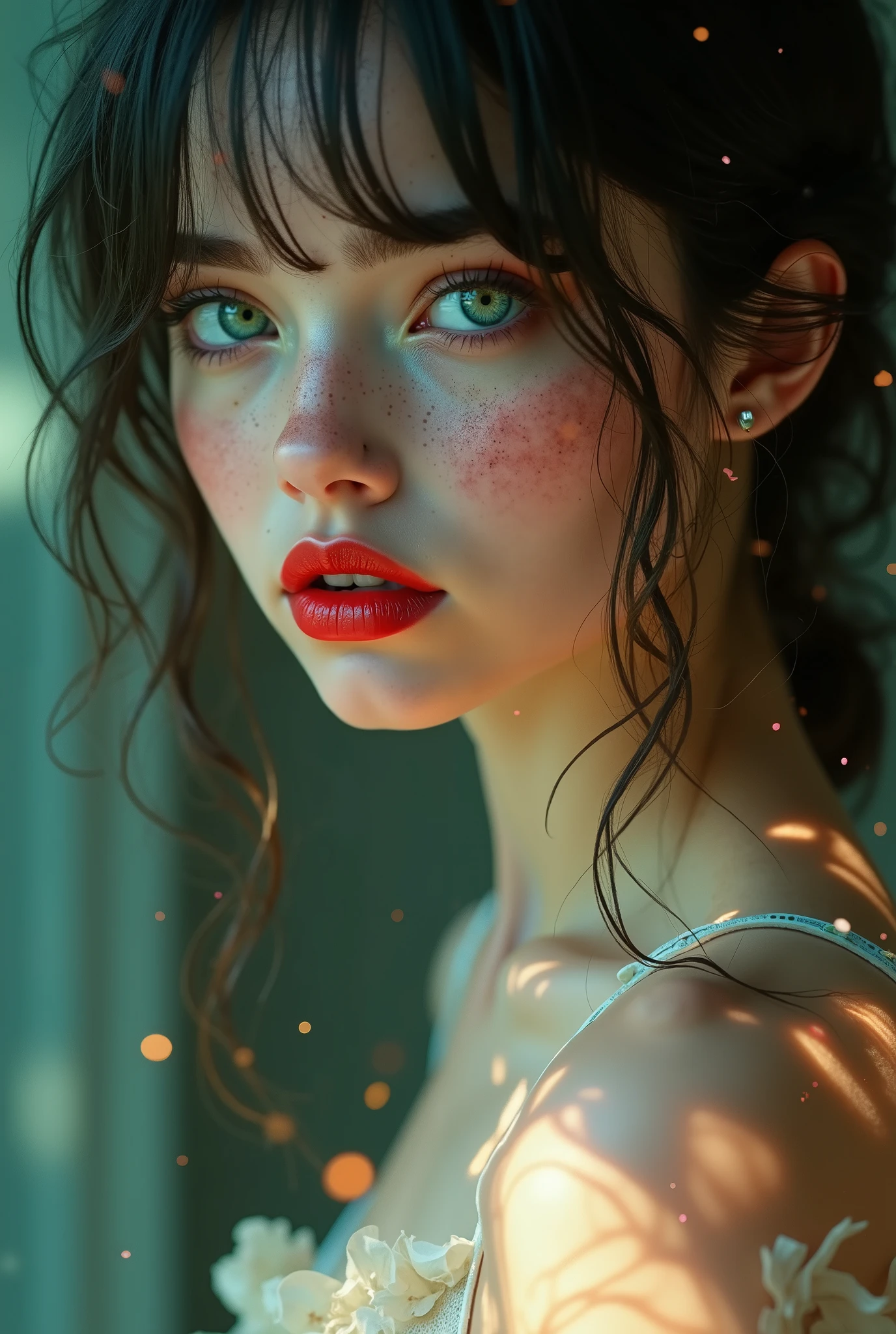 ((RAW Photo), Absurds, (Absurd Resolution)), (Masterpiece, Best Quality), ((Hyperrealism, Photorealistic)), (AI Fantasy), (beautiful girl, beautiful, radiant), freckled, (green eyes), (fantasy girl, sordid creation, from a fantastic world), (red lips), sexy pose, (dressed with magic, only flashes of light covering her perfect body), (posing in a fantastic, futuristic room, designed by AI), ((she looks tenderly attentively at the viewer)). (Photographic Perspective)). «SunPuma S»