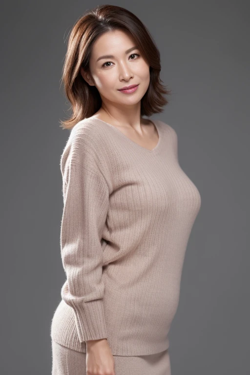 High resolution, high resolution, High detail, masterpiece, Rough skin, Anatomically correct, sharp, Gray background((Japanese Mature, 40 years old)), alone, ((Facial wrinkles)), Shapely large breasts, Light brown short hair reaching to the shoulders, Chubby body type (((Stand upright, Facing the center of the screen.))),Staring ahead with a bright smile, sweater, Ultra mini skirt, ((Cowboy Shot)),