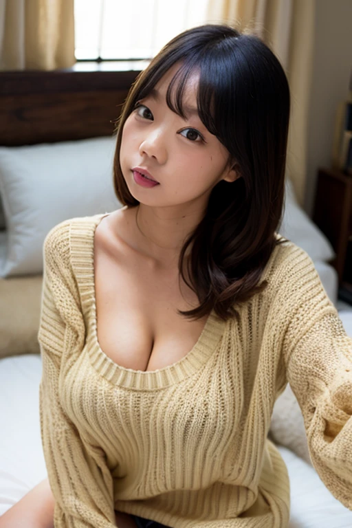 8k, highest quality, masterpiece, Real, graphic, Detailed depiction, Natural light, Japanese female 1 person, 40 years old, Slightly brown-haired, short hair, Y-shirt, (Lean forward to look at the camera on the floor), Detailed pose, On all fours, mini skirt, Sweater without bra, Shapely bust、I'm not wearing underwear、Sweater with wide open chest、You can see your cleavage in full、Exposing breasts、Detailed depiction of the chest、A refreshing smile、Friendly smile、Happy emotion smile、The face and skin are very delicate、The eyes are very fine、The face and skin are very delicate、The smile is very delicate、grass、The sky is clear、blue sky、detailed landscape