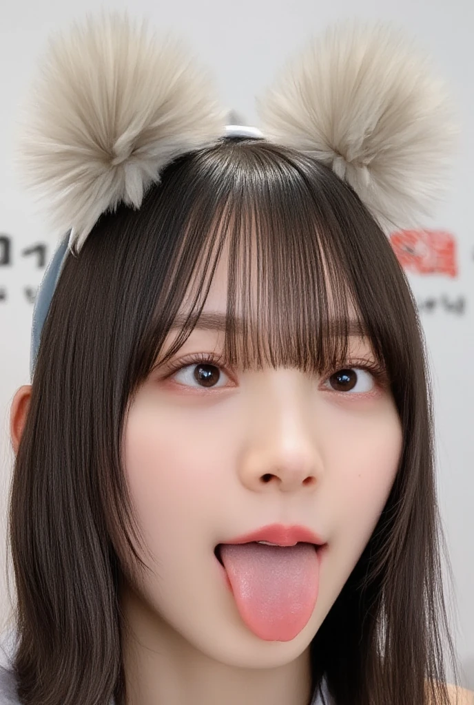以下のルールに従った画像 。 長い真っ直ぐな黒髪の日本人女性, 舌を出している, ((私の舌にヨーグルトがたらたらと垂れている - SeaArt AI