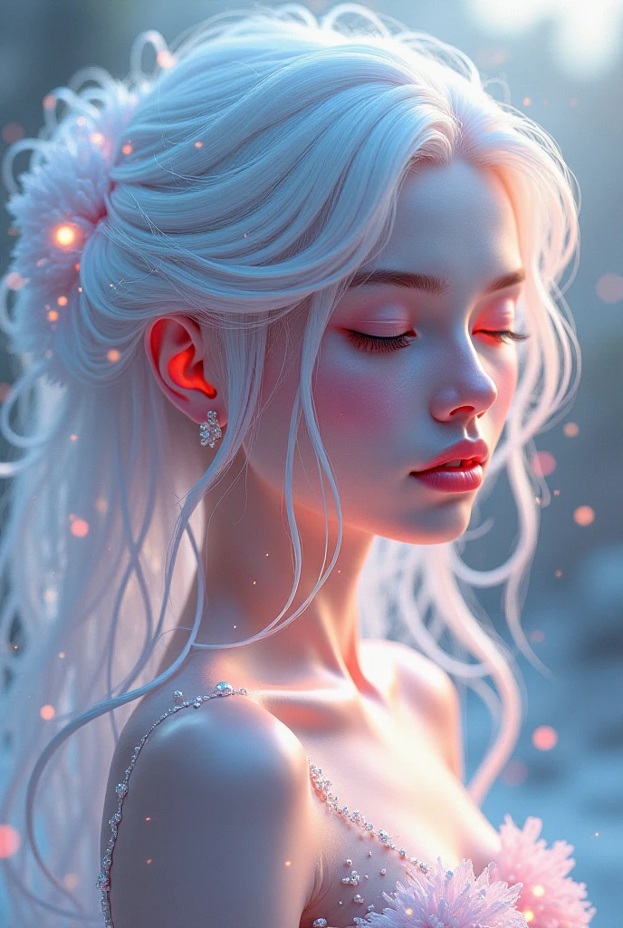 1 girl, beautiful illustration, Best Quality, beautiful teenager, (transformation sequence), transform magical girl, white magical girl, fractal art, half white hair, baby face, pure white and red mesh long hair, Beautiful detailed blue eyes, cinematic lighting, cowboy shot, looking at the viewer, from the bottom, happy