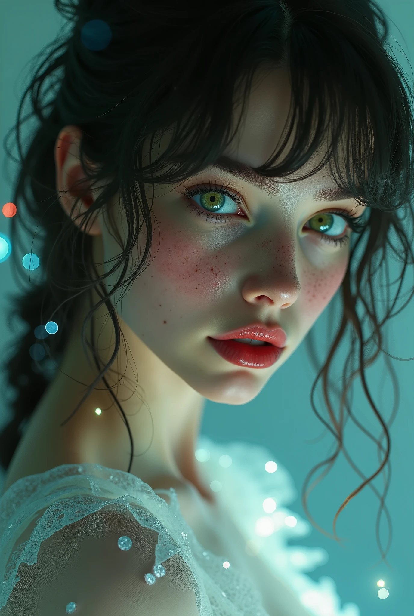 ((RAW Photo), Absurds, (Absurd Resolution)), (Masterpiece, Best Quality), ((Hyperrealism, Photorealistic)), (AI Fantasy), (beautiful girl, beautiful, radiant), freckled, (green eyes), (fantasy girl, sordid creation, from a fantastic world), (red lips), sexy pose, (dressed with magic, only flashes of light covering her perfect body), (posing in a fantastic, futuristic room, designed by AI), ((she looks tenderly attentively at the viewer)). (Photographic Perspective)). «SunPuma S»