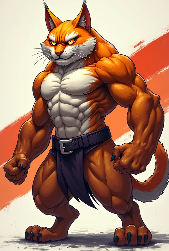 hyper growth, hyper muscles, furry growth, cute cat, A furry cat, orange and fluffy cat, shirtless, wearing shorts, exaggeratedly huge and muscular, on a gray background