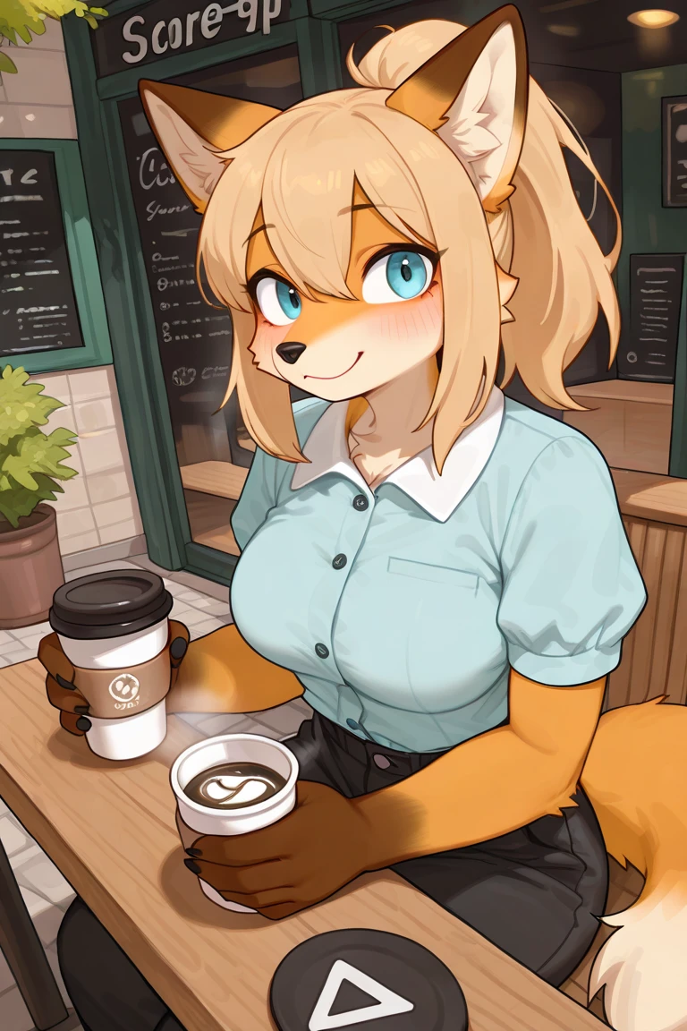 best quality, best resolution, solo, (fluffy anthro furry), arctic fox adult, 30 years old, grown, silver hair, long straight hair, blue eyes, (white fur), big breast, sophisticated manner, (wearing nothing but a green apron, nametag, hair tied in ponytail), coffee shop, embarrassed, suggestive eyes