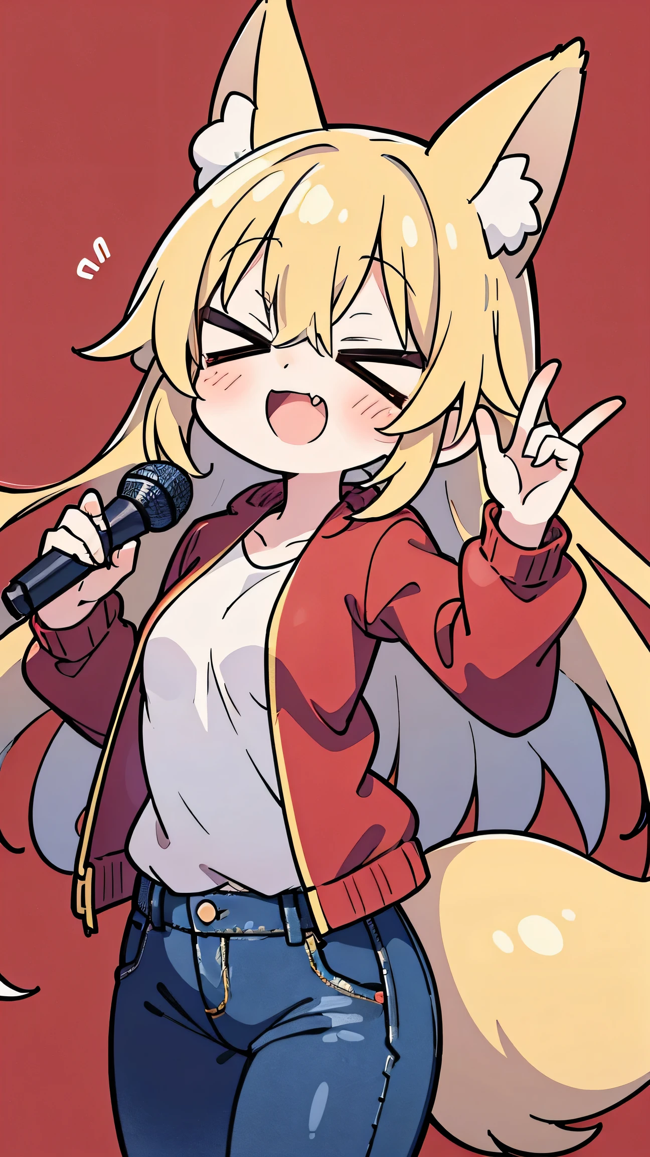 anime style、 cute face、 woman、 fox ears、Gold Hair、long hair、tail、 close their eyes、red jacket、jeans、simple background、open your mouth wide、 double teeth、singing、smile、 sing enthusiastically with a microphone