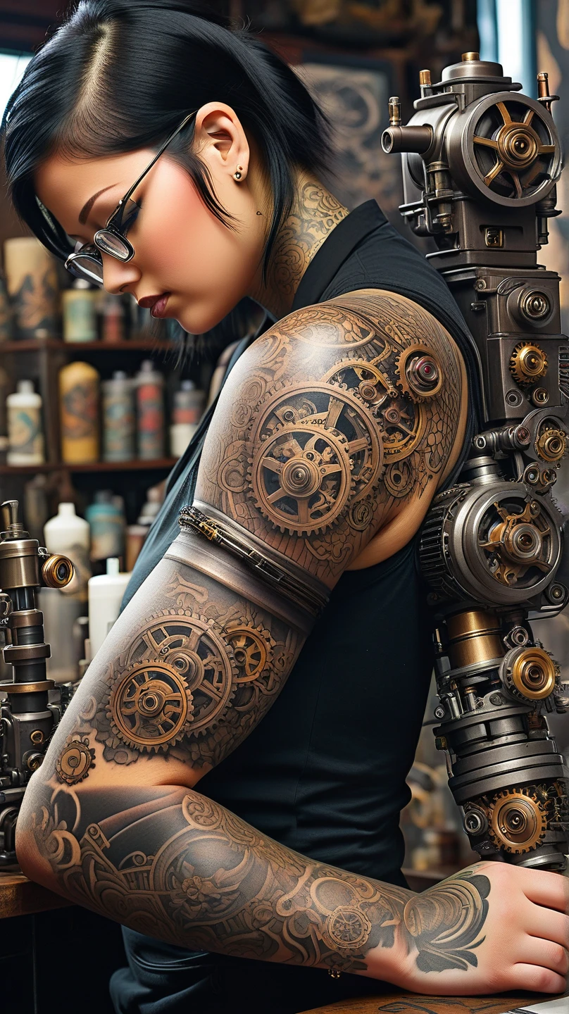 realistic girl with a detailed back tattoo, close-up of a woman's back, 3D tattoo depicting a torn body and a mechanical mechanism inside, high quality, hyper detailed, intricate, photorealistic, extreme details, cinematic lighting, moody atmosphere, dark tones