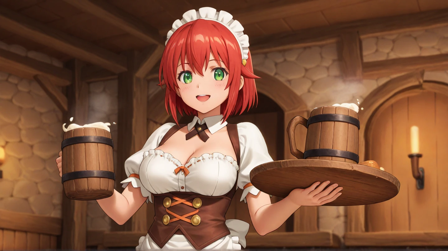 score_9, score_8_up, score_7_up, 1girl, (solo:1.1), from above, tavern wench, standing, bare shoulders, red hair, braids, large breasts, flower hair, barmaid dress, cute, beautiful eyes, blush, fishnets, sexy pose, looking at viewer, indoor, beer mugs, beer foam, expressiveh 3mpr3ss3