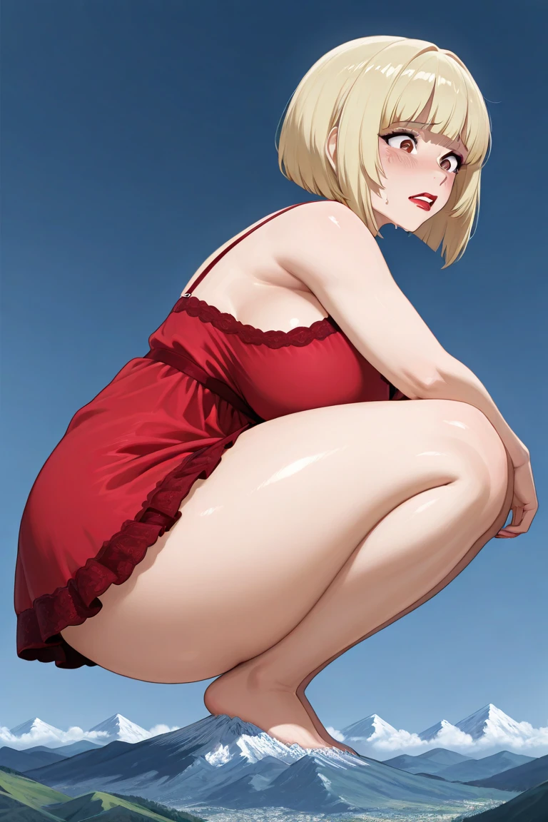 (masterpiece, best quality, absurdres) BREAK 1girl, yamanaka ino, blonde hair, blue eyes, empty eyes, (no pupils:1.2), red dress, <lora:Ino.Yamanaka:0.8> <lora:Concept_Empty.Eyes:1> <lora:Concept_Standing.One.Leg.Up:0.8> standing on one leg, looking down, from below, pussy, black boots, looking at viewer, outdoors, beach, palm tree,