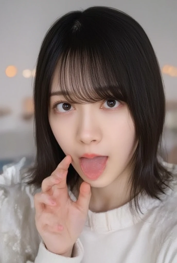 camisole,Denim shorts,open mouth,tongue out,cum on tongue,Sitting on a black sofa,looking ahead,from above,flont view,face focus,open mouth,tongue out,(1girl,Beautiful 16 year old girl),((Slender,Small breasts,Small face,)),looking at viewer,Black Hair,bangs,straight,Beautiful and detailed,Mischievous smile,Dimly lit room,Simple Background,Gray background,Low lighting
