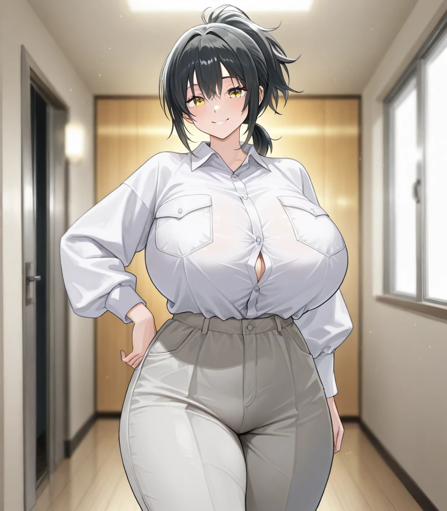 ((masterpiece)), ((best quality)), (ultra-detailed), (realistic), beautiful face, detailed hands, expressive eyes, 1girl, solo, mature female, milf, motherly, huge breasts, narrow waist, wide hips, curvy, straight hair, short hair, brown hair, hazel eyes, collared shirt, denim, jeans, see-through, covered nipples, open shirt, undersized clothes, standing, smile, hands on hips, looking at viewer, indoors