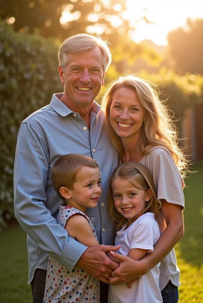 A happy suburban family stands together in front of a bright, well-maintained home in Frederick, Colorado. The family consists of a smiling mother, Shanann Watts; a father, Chris Watts; and two young daughters, Bella (4) and Celeste (3). They are posing for a family photo, with warm sunlight casting a gentle glow over them, and the lush green lawn and cozy house in the background, creating a picture-perfect family image