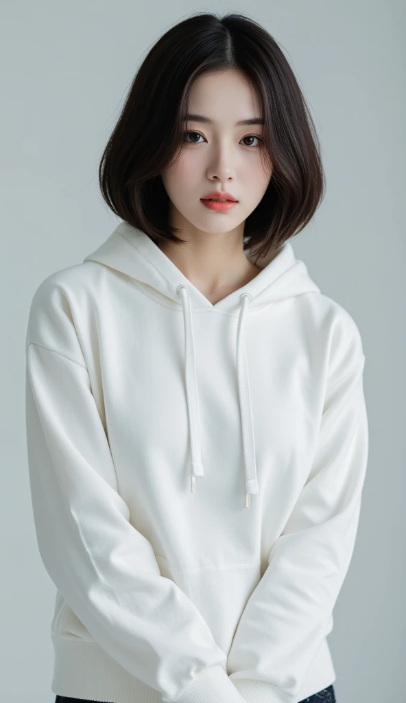 Realistic, masterpiece, Highest quality, Highest Resolution, Anatomically correct, Accurate ???????, (Gray blank background:1.3), (1girl:1.3), 20-year-old, Height: 165cm, Shot from thigh up, (Thick thighs:1.2), (Long Hair, Straight Hair, Silver Hair:1.3), (Squint your eyes, Sharp Eyes, (Iris:1.2)), (Hidden eyelid wrinkles:1.2), Thin eyebrows, Draw eyelashes carefully, Natural Makeup, Chin up, Grin, Slightly to the side, (White hoodie and denim hot pants:1.3), (Barker&#39;s hood is not on, There are two strings:1.3), (Sitting with legs spread on a simple chair:1.2)