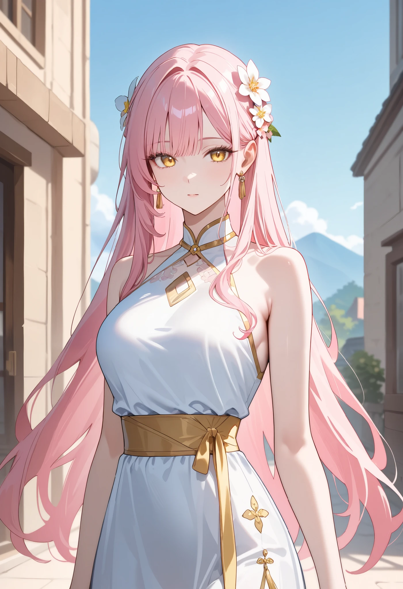 masterpiece, best quality , newer, safe, beautiful, Anime woman, angelic beauty , mature. Pale pink hair , hair below the shoulders. Golden-yellow eyes, long eyelashes, fair skin, slim build, medium breasts(a little big), has a small burn behind her left shoulder. She is 23 years old , measures 1'65 cm. looking at the spectator, High resolution, Alone, blue sky background. She wears a simple floral dress, hair flower.