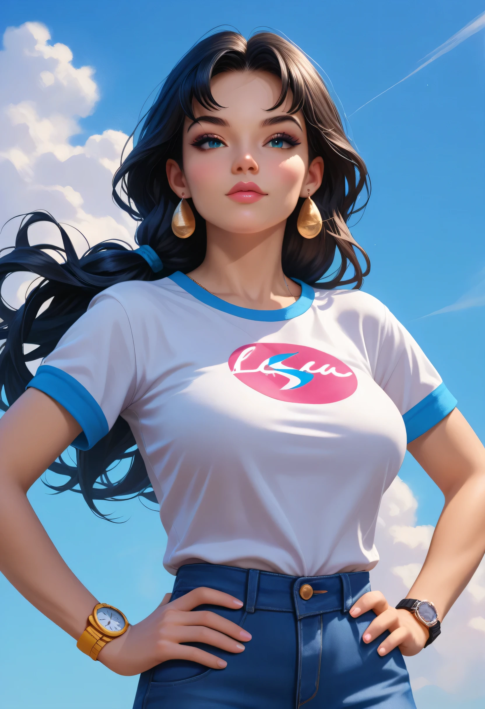 watch, wristwatch, 1girl, jewelry, bracelet, hand on hip, solo, shirt, blue background, wristband, blue sky, earrings, hands on hips, sky, black hair, lips, t-shirt, bangle, realistic, day, long hair, nose, short sleeves, (large breasts:1.3)