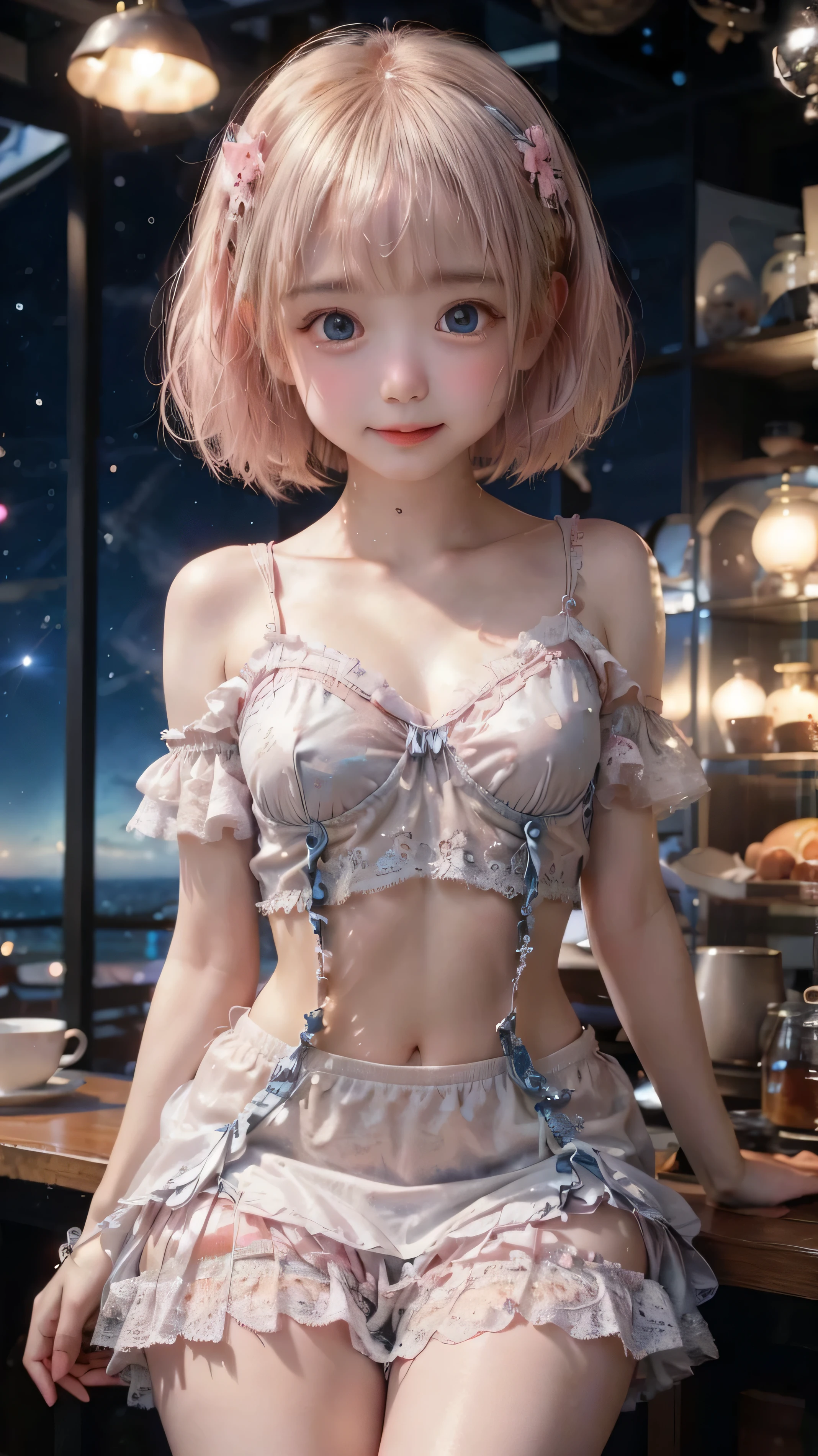 best image quality、masterpiece、super resolution、Delicate Description、 Transparency、Accuracy、 wrapped in light、1 Beautiful Girl。round face、(big eyes、 Dark Blue Eyes 、Sagitales )、(galaxy universe in the background、short bob、straight hair、shiny)、(smile、the milky way shines)、(mercury、Mars、Venus、Jupiter、Saturn、Uranus、Neptune、Pluto)beanbag。背景に銀河universe、platinum blue hair。Floating in the air。with a slightly foggy、universe、starry sky、銀河universe、Fantastic、 mystical 、sacred、Accurate Human Body、 accurate limbs、wear delicate jewelry、gray lace floral stockings、lots of frills are attached、The skirt with 10 layers of pink lace that floats in the air spreads softly、ruffle skirt、off shoulder、short boots with delicate patterns。garter belt、slightly open、She is wearing silver short boots.。 floating in the air
