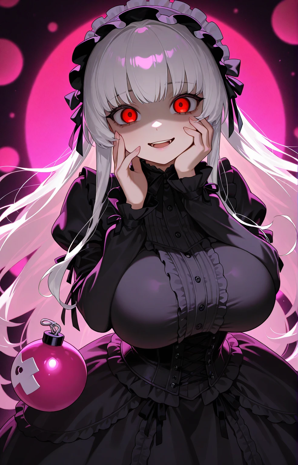 1woman creppy "Big breasts" + "large rear" + "wide hips" + " tiny waist" + "plump thighs" + "Lilac eyes" + "Black eyeliner" + (("happy expression")) + Small fangs, mouth open" + "Black heart pupils" + "long curly hair light gray color Hair" + "Side-wavy bangs" + "Red Lips" + "Lucious Lips"”)}, {“Outfit":black shirt, black pleated skirt, Black attached necklace}) creppy, horror, anime cover