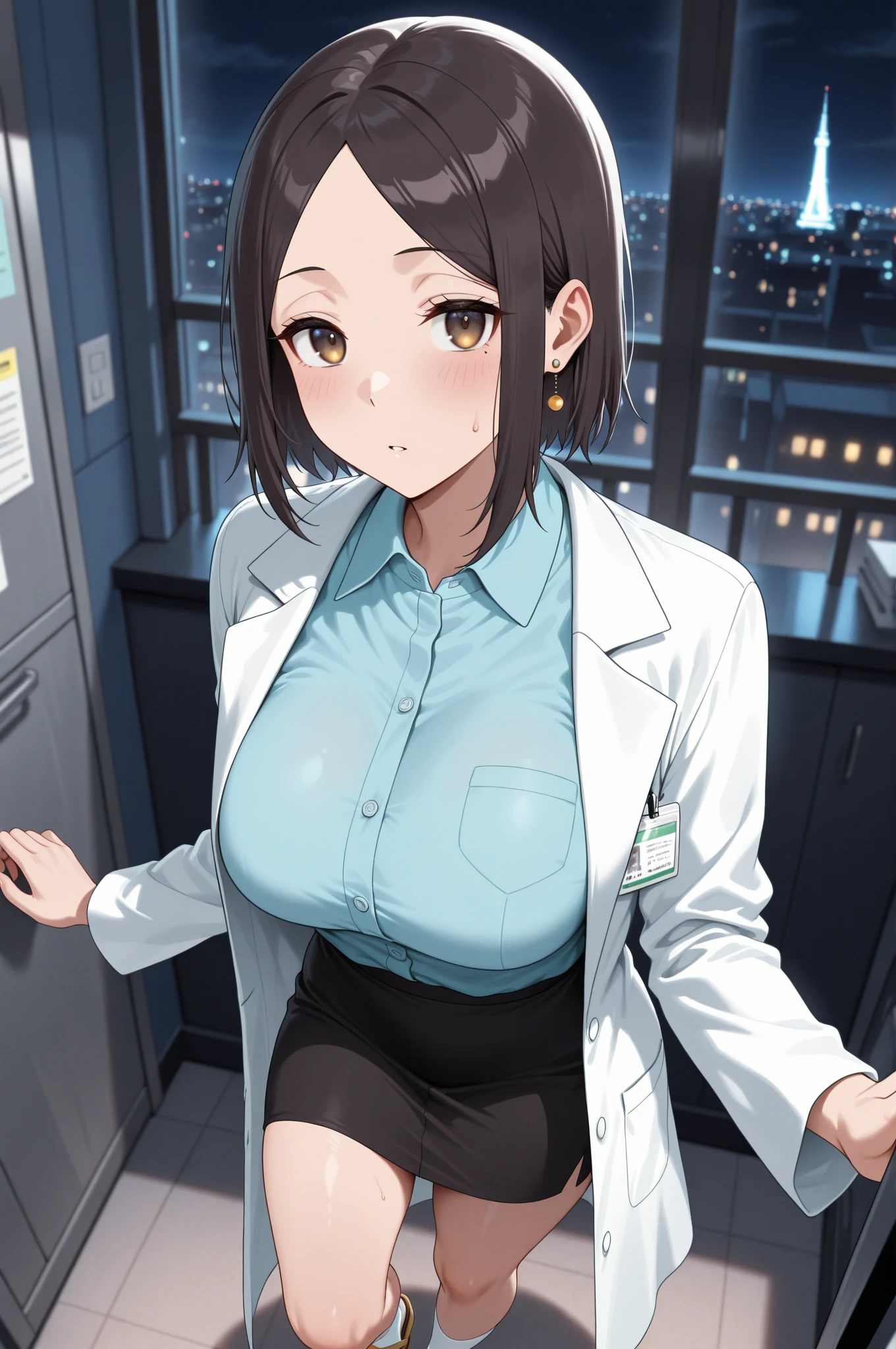 tomboy, solo, (very short hair, pixie cut, brown hair), circle-glasses, cute girl, perfect female body, big breasts, cleavage, toned stomach, beautiful limbs, doctor_uniform, labcoat, stethoscope, doctor, no bra, (((nipple))), nsfw, scrub trousers, She is posing as a model with her hands on her hips, hospital, night, big smile, UHD, masterpiece, anatomically correct, textured skin, high details, high quality,