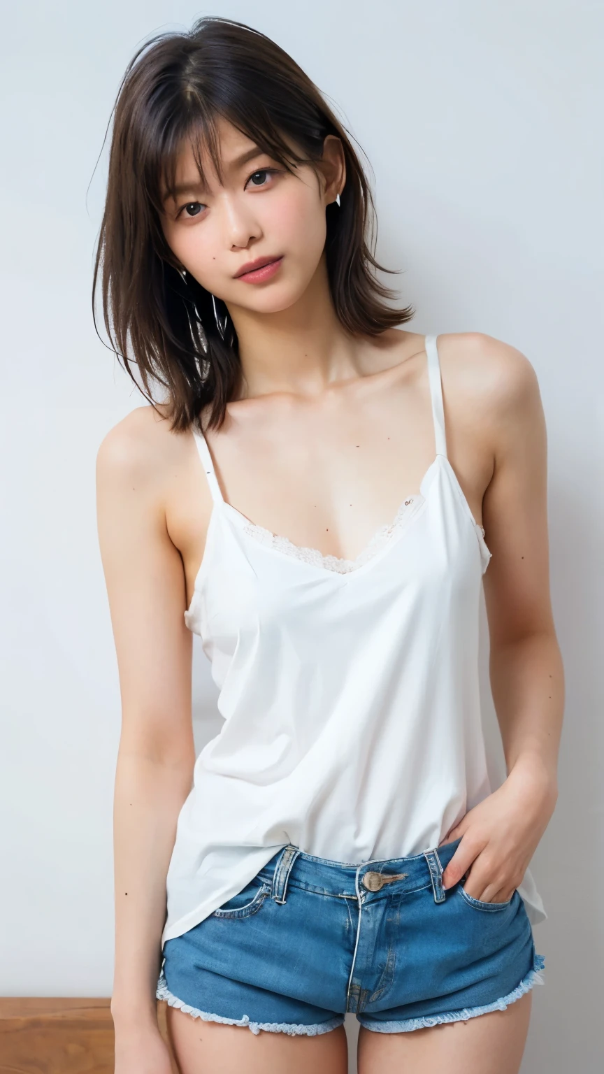 (white long camisole, exposed white panties, shirt lift, self-lift: 1.2), from top, upper body, masterpiece, best quality, raw photo, photorealistic, small bust, face light, film grain, chromatic aberration, absurdity, high resolution, ultra detail, detail, detailed eyes and face, sharp pupils, realistic pupils, sharp focus, indoors, short hair, sad look, wet BODY