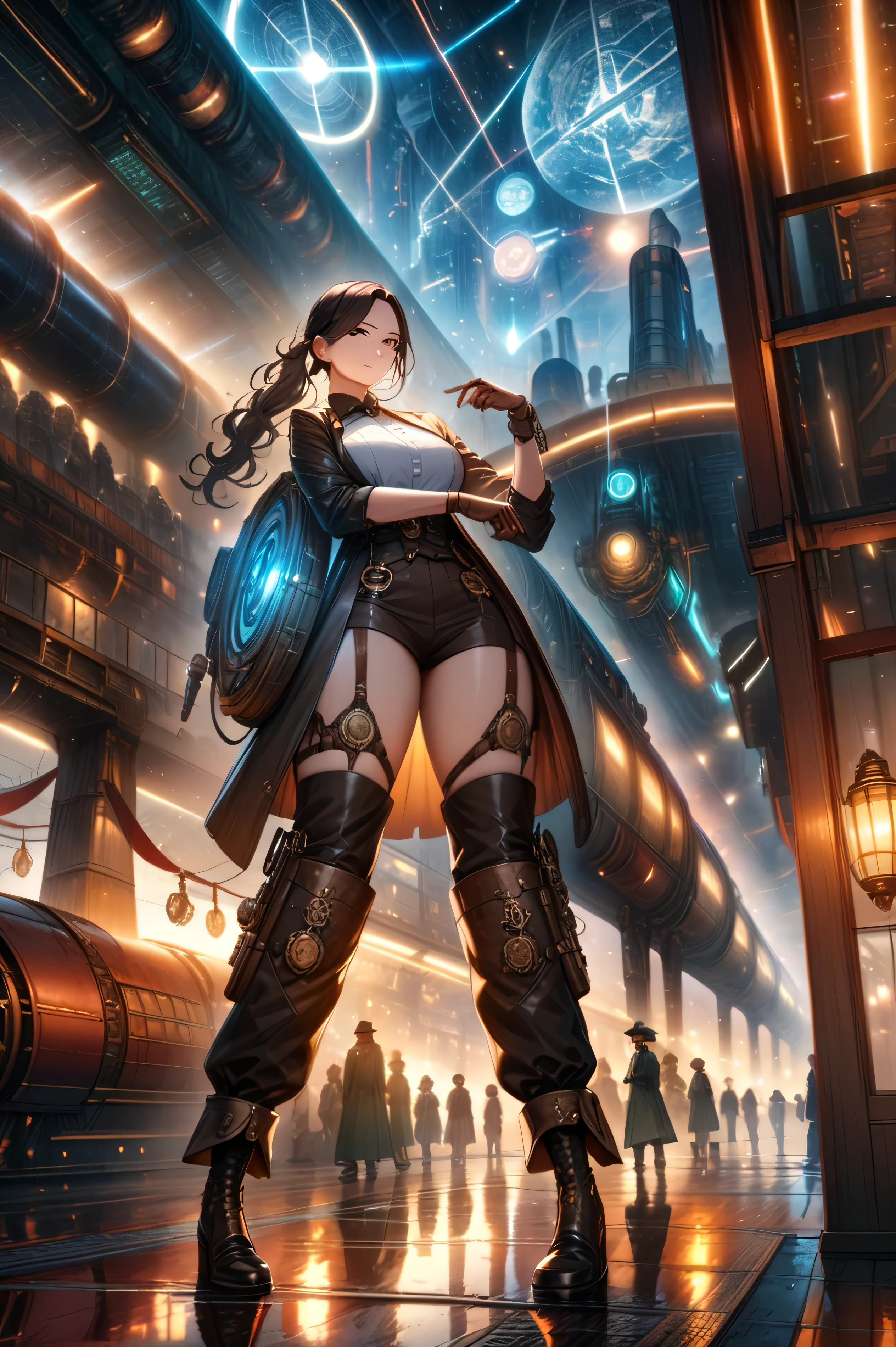 ((extremely detailed illustration)) , highres , ((extremely detailed and beautiful background)) , (professional illustrasion) , (official art) , ((Ultra-precise depiction)) , ((Ultra-detailed depiction)) , (beautiful and aesthetic) , beautiful detailed , intricate:1 . 1 , nice hands , ((steampunk:1 . 3)) , Galactic railway terminal at dawn . A sleek space locomotive , resembling a steam engine , rests at the station before embarking on a cosmic journey, beautiful women, fan service, full body, by the side, smoke,
