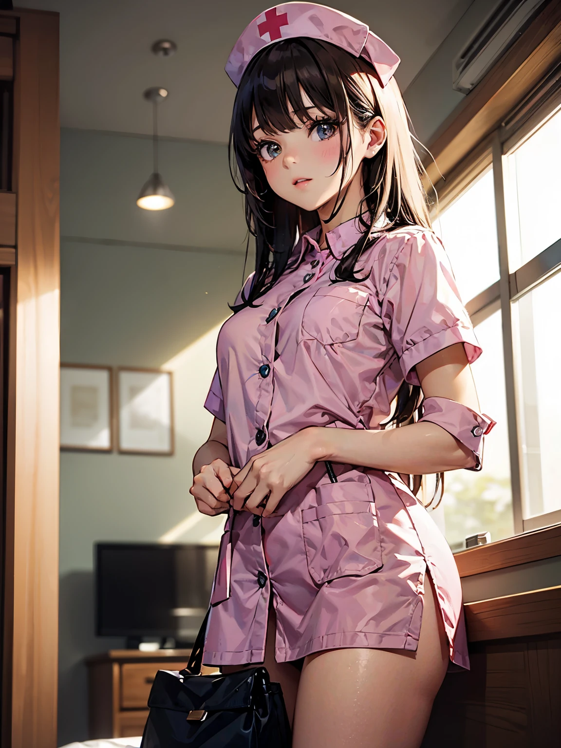 Best Quality,masterpiece 8k,high resolution,high resolutionで不条理な解像度:1.2,Kodak Portra 400 standing,film grain, blurry bokeh:1.2,lens flare,( bright colors :1.2), ( One Very Young Girl :1.4), watch viewers, face close-up,
BREAK
pink nurse uniform, pink nurse cap
BREAK
Bokeh photo, (soft focus):1.2, blurry highlights, dreamy atmosphere, Shining circle, Fascinating Depth , Hospital room,
(NSFW:0.9),