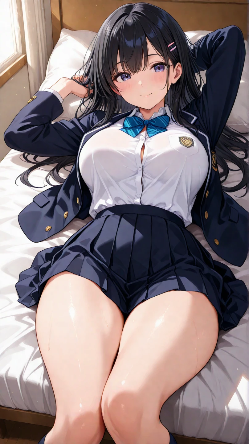 (A superb exquisite yukinoshitaYukino),(yukinoshitaYukino:1.5), (oregairuUniform:1.5), brown eyes, black hair, natural straight hair, straight bangs, solo, nature, extremely delicate, straight facial features, peerless beautiful girl, soft, (sensual face), ((ecchi face)), dreamy quality, exaggerated facial features, solid color, frank holly, delicate face, bright lips, slender waist, soft curves, real light and shadow, super fine, 4k, natural moving, Ultra high resolution, (masterpiece:1.2, best quality), (finely detailed beautiful eyes: 1.2), (beautiful detailed face), sexy semi-nude model, sexy pose, Ultra high definition white bra and panties, erect nipples,Medium chest, slender body, (bedroom), 