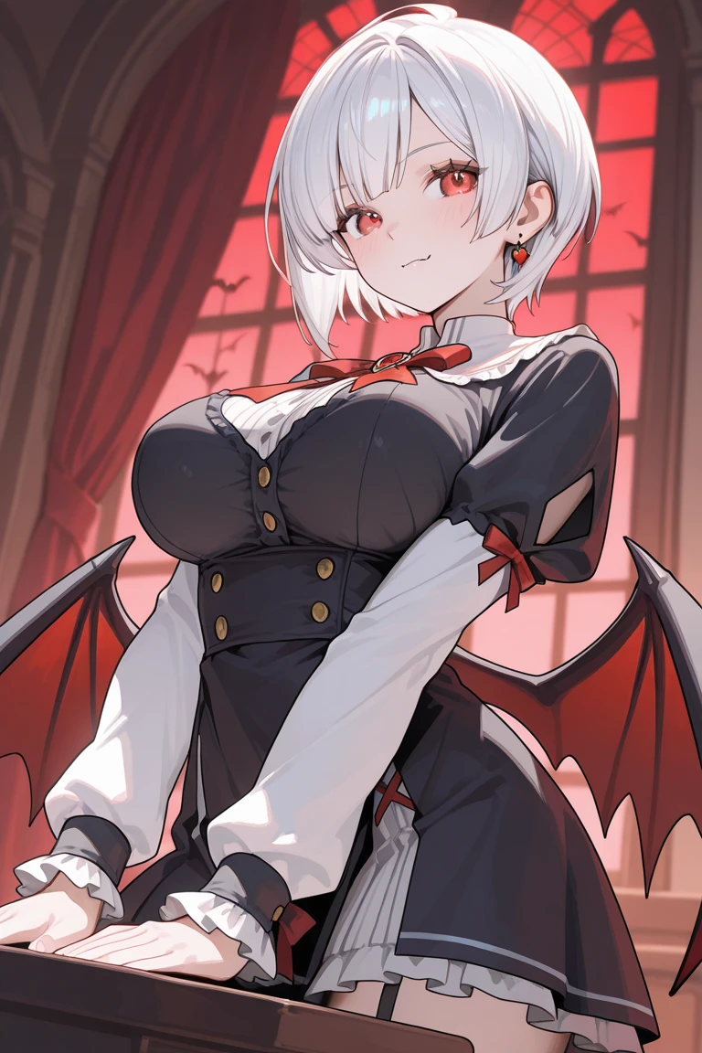 ((Best Quality)), ((masterpiece)), (detailed), 1 girl, long white hair, black horns, red eyes with hearts, big breasts, big thighs, black succubus tail, seductive smile, Oversized red sweater showing shoulders, White ?????, black shorts, at home