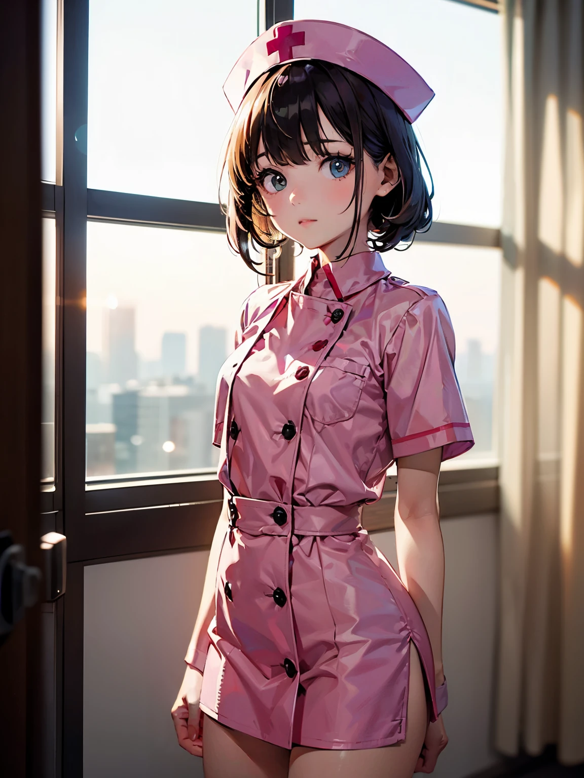 Best Quality,masterpiece 8k,high resolution,high resolutionで不条理な解像度:1.2,Kodak Portra 400 standing,film grain, blurry bokeh:1.2,lens flare,( bright colors :1.2), ( One Very Young Girl :1.4), watch viewers, face close-up,
BREAK
pink nurse uniform, pink nurse cap
BREAK
Bokeh photo, (soft focus):1.2, blurry highlights, dreamy atmosphere, Shining circle, Fascinating Depth , Hospital room,
(NSFW:0.9), flat chest,