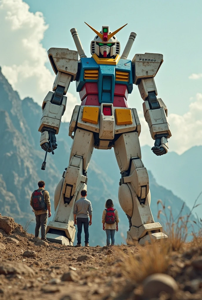 Draw a realistic an cinematic potrait of gundam character beside on boy, war background and effect