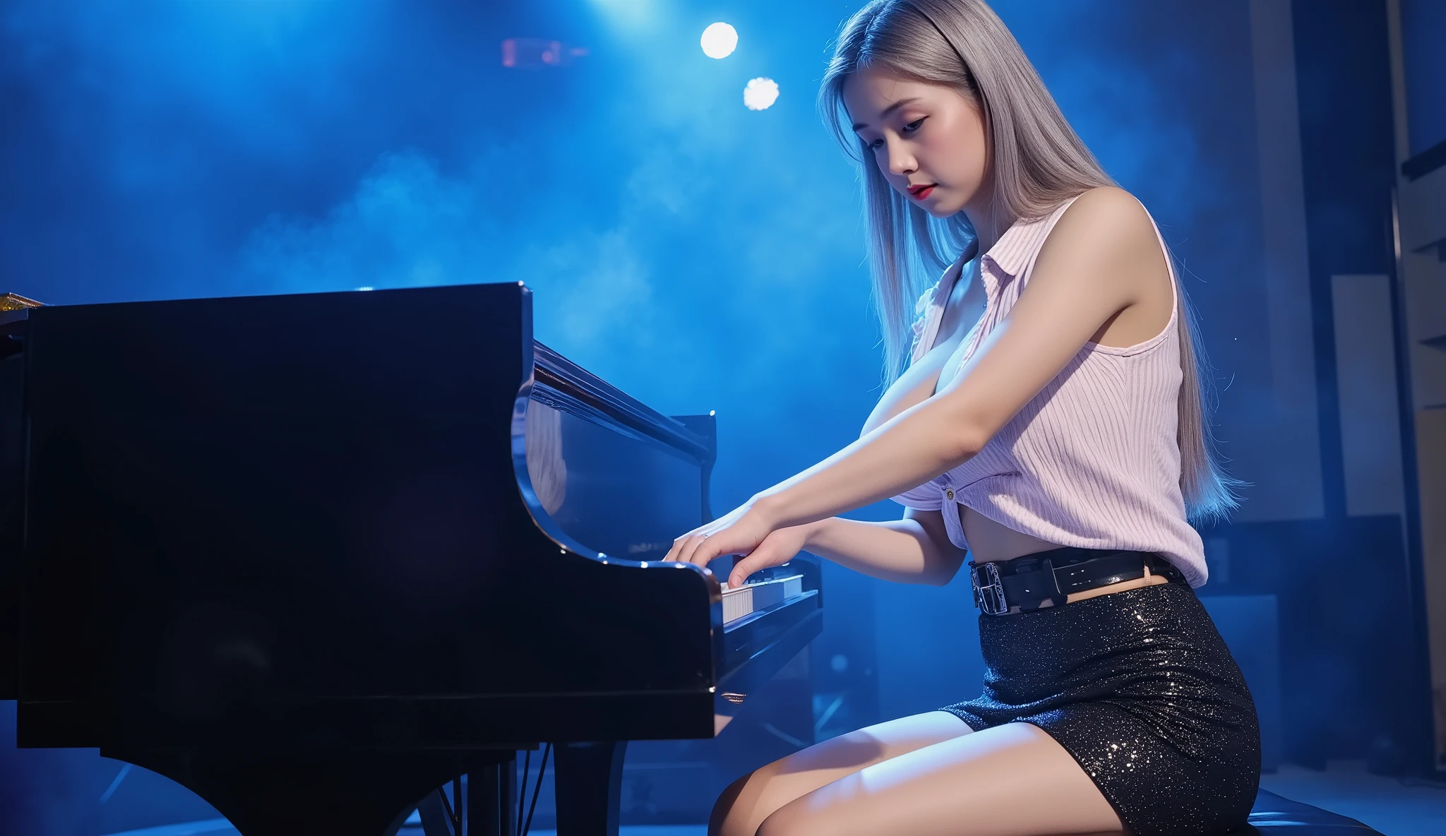 "A beautiful Japanese i-dol girl concentrates on the piano playing the black grand piano on a brightly lit stage. She wears a slightly open button-down blouse and an elegant short skirt, with long silver hair and violet eyes, large and perfect breasts, Her expression is serene, conveying a sense of peace as she plays a relaxing and hypnotic melody. ((VIEW FROM HER BODY TO HER HIPS)), ((angle seen from above)), The design is minimalist, highlighting only the piano keys and the silhouette of the pianist. The environment has an ethereal atmosphere, with a soft blue mist enveloping the stage, reflecting the calm of the melody that inspires rest and serenity." masterpiece,ultra-realistic, high quality,