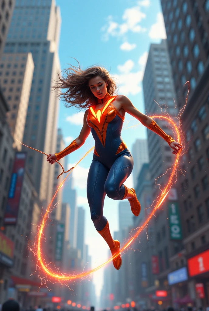 Megan fox black hair, jumping from a building while the hands release a burst of energy beams yellow electric shocks, looking at the horizon at night dark sky, blue and pink, she wearing a yellow and red outfit.