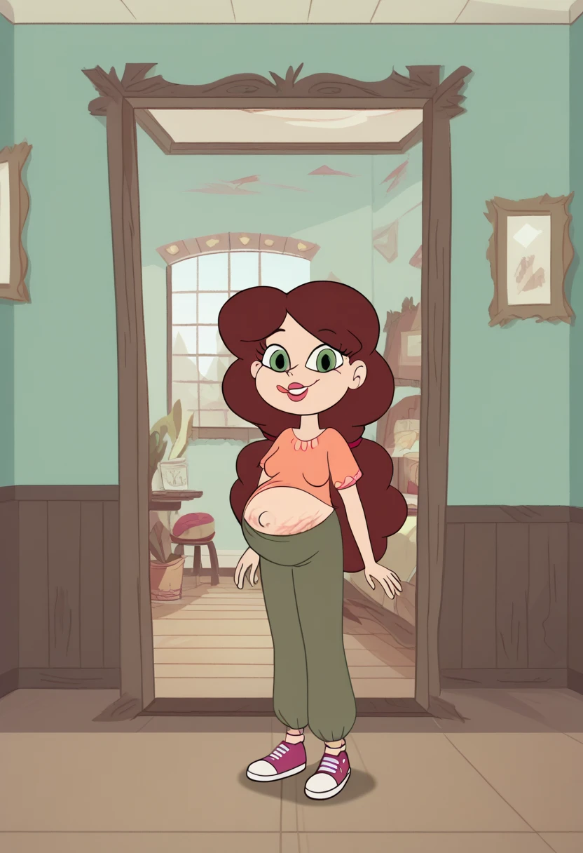 score_9, score_8_up, score_7_up, score_6_up, score_5_up, 1girl, Angie Diaz,  of foot, smile, green eyes, lipstick, light green pants, convenient, svtfoe , (pregnant wife), light green maternity outfit with short sleeves, showing off her belly, Room of her background, Very Big Stomach, Full of stretch marks