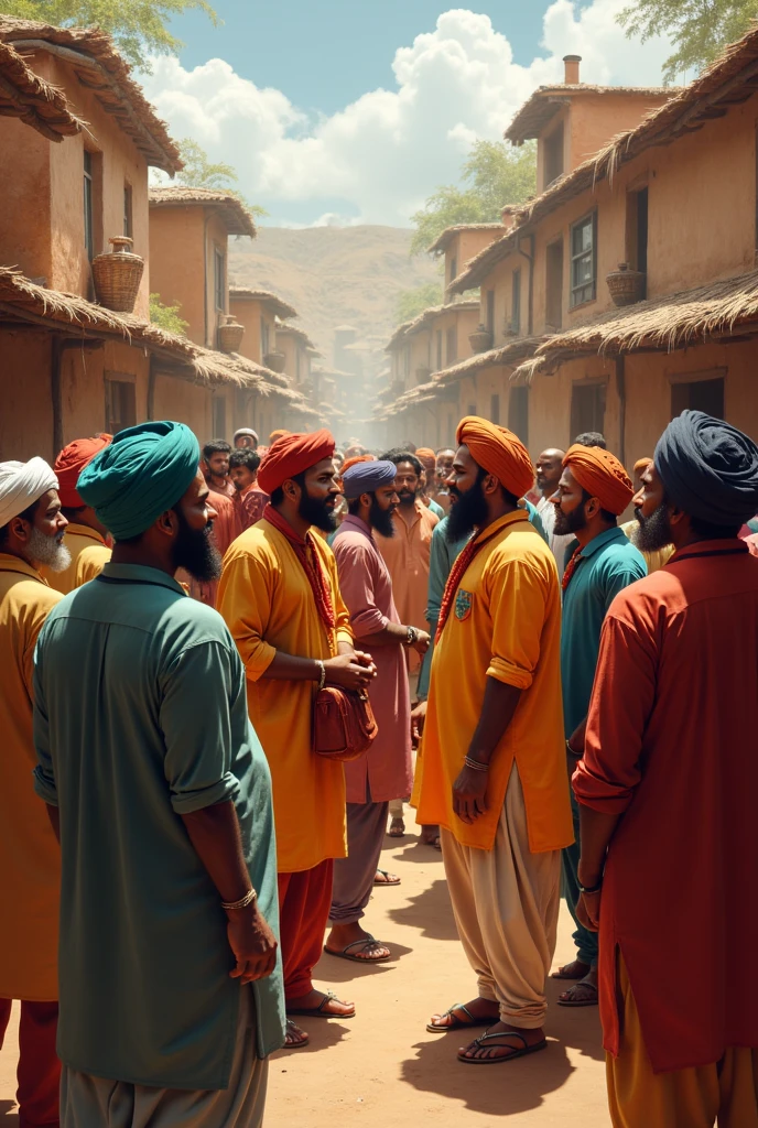 A middle-aged man and a young man and two ten-year-old boys are going together for Eid prayers.
They wear Punjabi pajamas and caps.
The scene will be next to the Eidgah grounds.