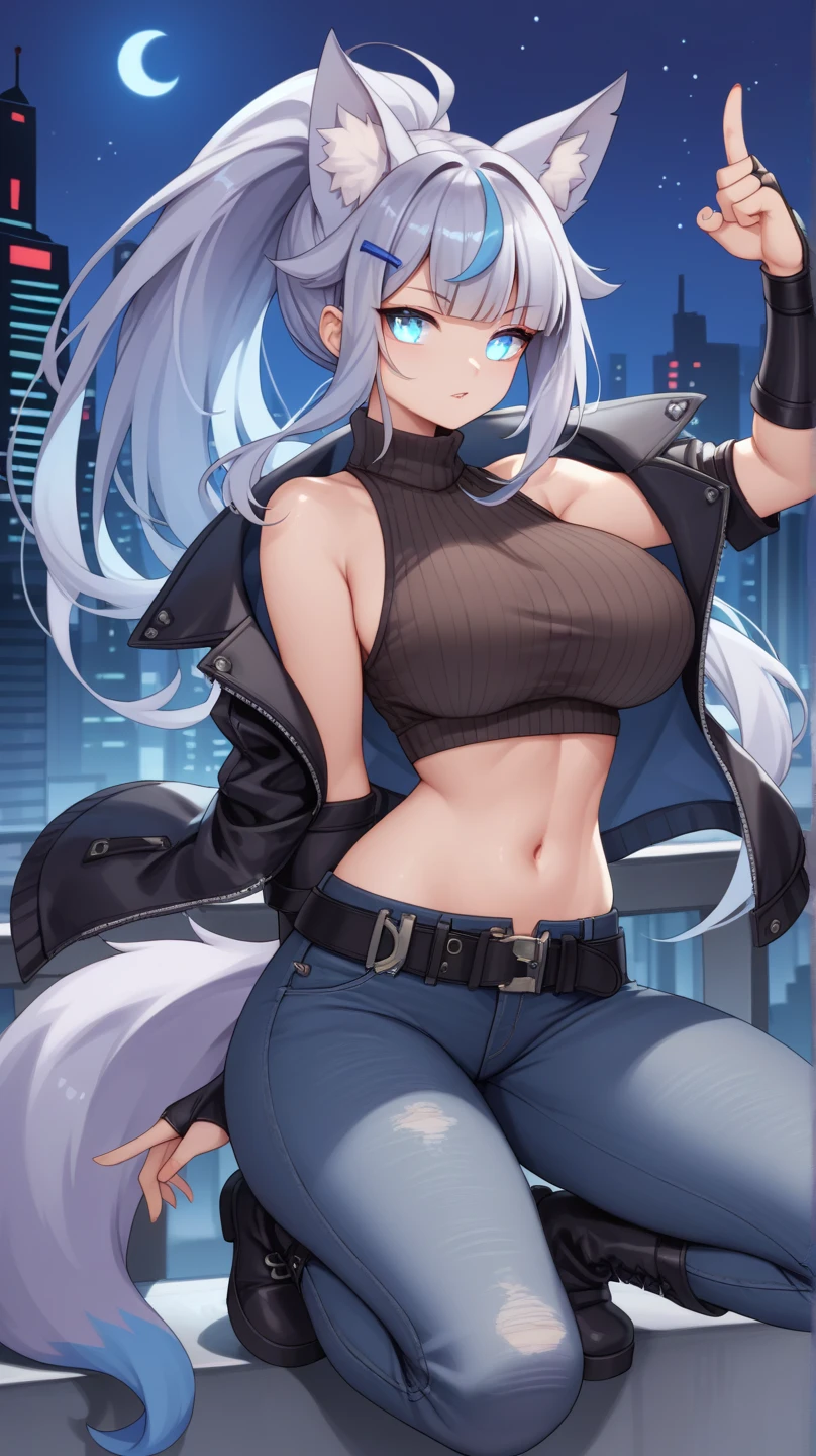 solo, 1girl, tnbbluerose, crystal earrings, blush, lipstick, long hair, crazy eyes ,outdoors, rooftop, cityscape, building, railing, night, night sky, scenery, city lights, fur trim, mature female, gloves, fur-trimmed coat ,masterpiece, best quality, highly detailed, a girls with a gun, evil smile , open mouth, sexy gaze, badass
pose , evil smile, smile, (nsfw) not safe for work, guns blazing, anime girl with long hair, beautiful long
haired girl, navel, evil expression, exposed belly, exposed navel, exposed midriff, exposed lower belly,
long black pants, crop top, cleavage, unbuttoned leather pants ,open fly, low rise black leather pants,
leather jacket, holding a gun,, 