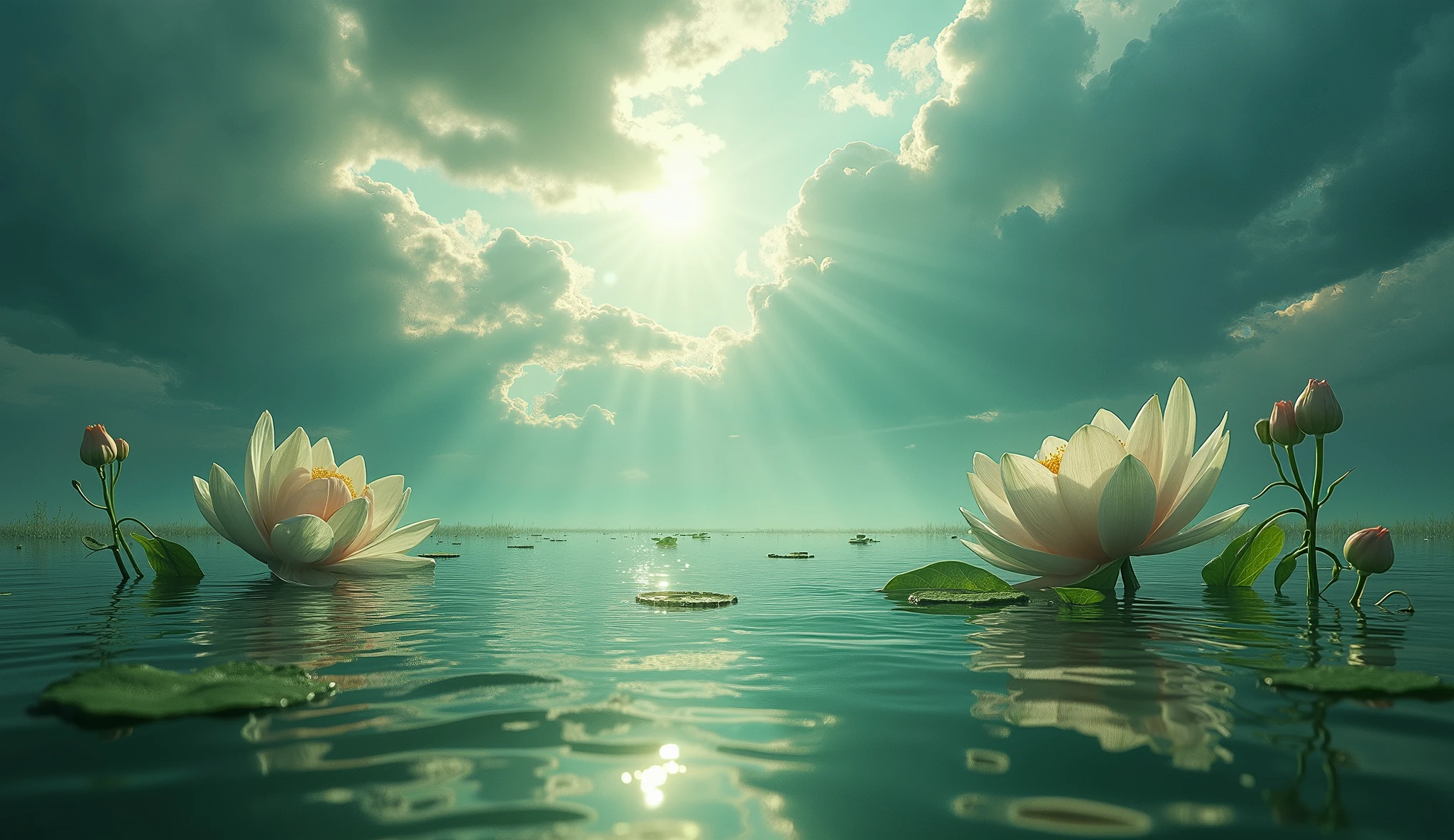 masterpiece, hyper detailed, best quality, detailed, ultra detailed, beautiful, absurdres, 16K, background, ultra detailed, beautiful, 16K, absurdres, background,in the clouds.
Water surface, peacefulness, floating, deep meditation with a flowers, at night, photorealistic, from front, wide view, depth of field, deep focus, sunbeam, dramatic lighting.Light_SpringGreen,wide view, from above