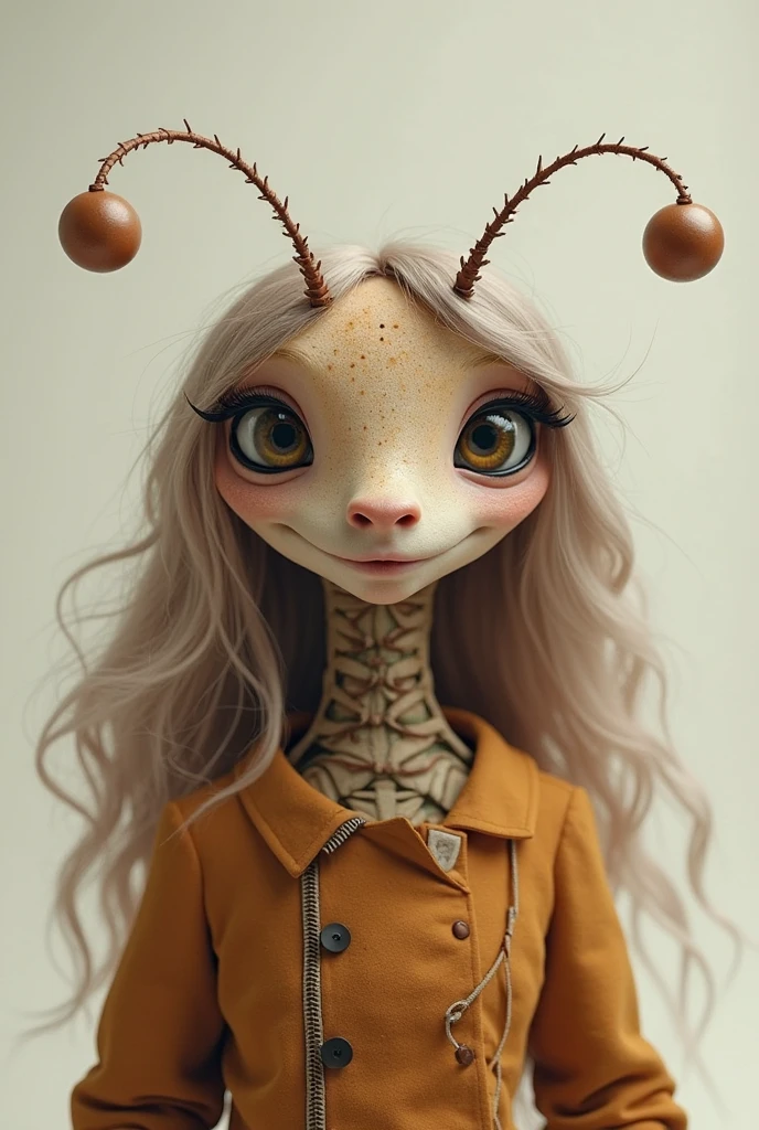 A female ant insect, theater puppet made of felt and foam, with made-up ant eyes, triangular ant nose and human mouth, cute style, similar to a girl.